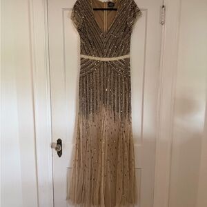 Adrianna Papell Beaded Nude and Gold V-Neck Maxi Gown